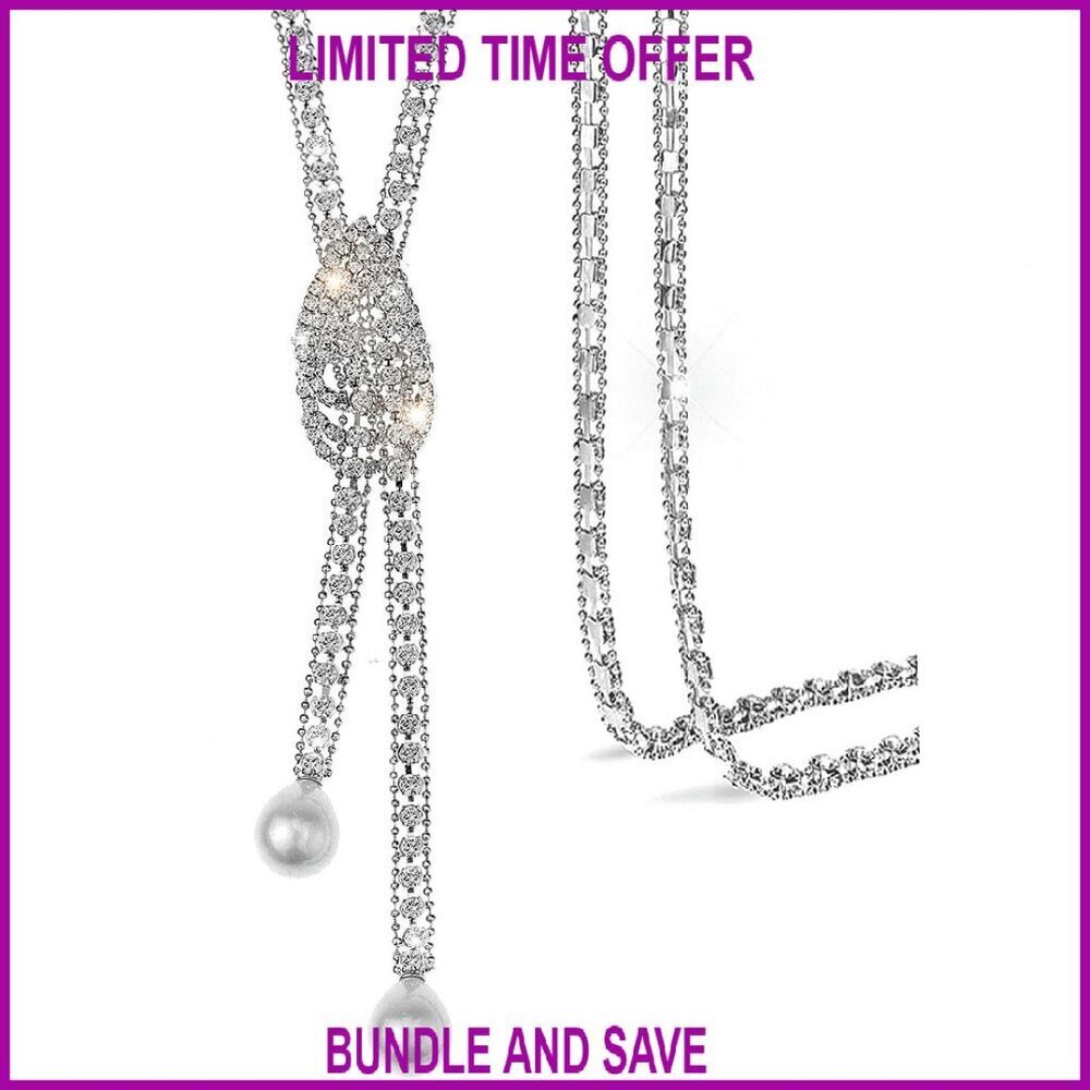 Long Crystal Pendant Necklace 28.3" Alloy Chain 190 Stones